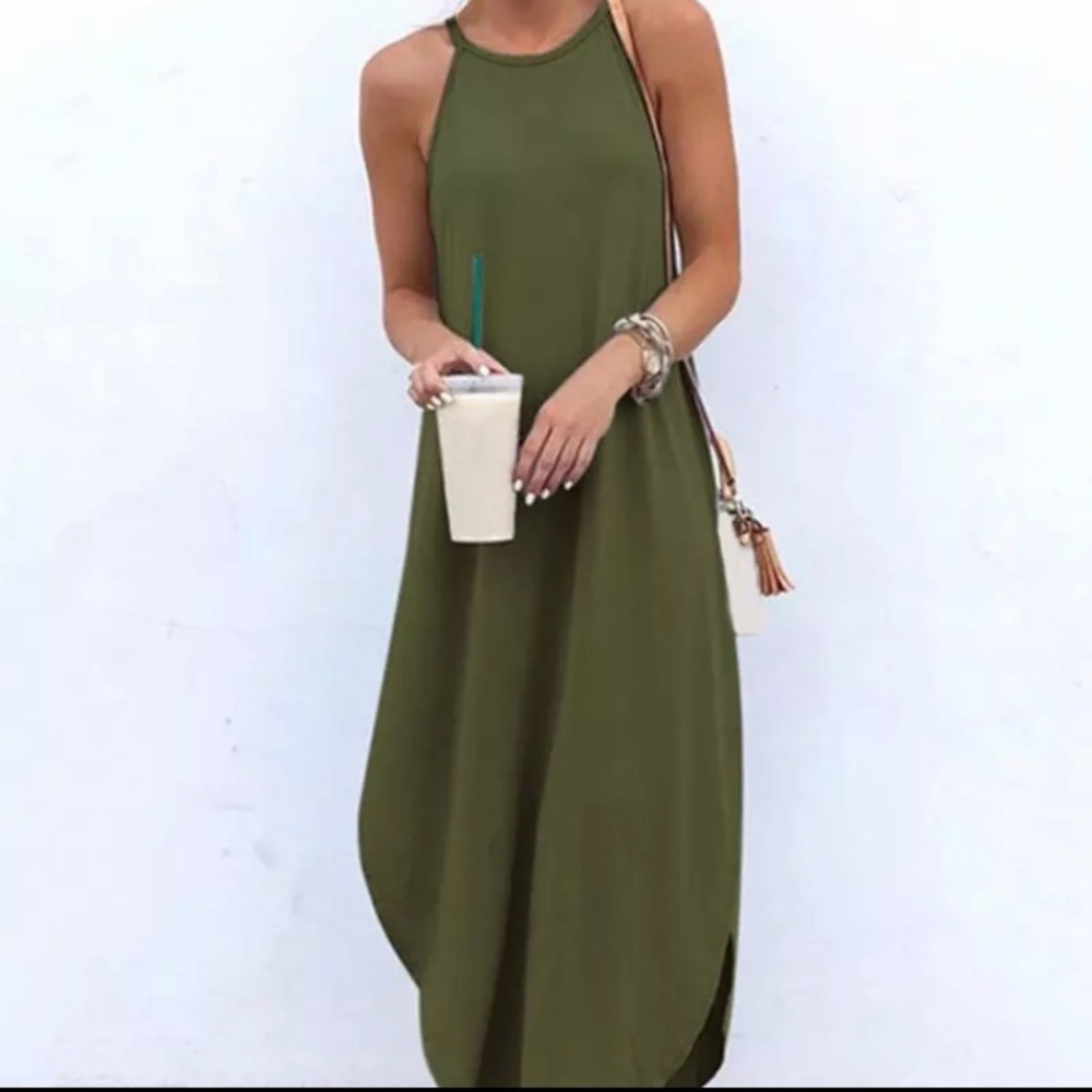 Casual Sleeveless Retro Halter Solid Beach maxi Dress